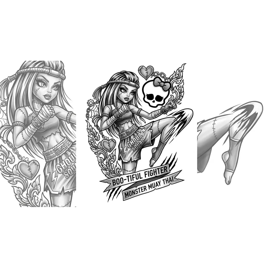 Quisiera un estilo de tatuaje en donde integres algo de las monsther high, algo sobre Muay Thai,
