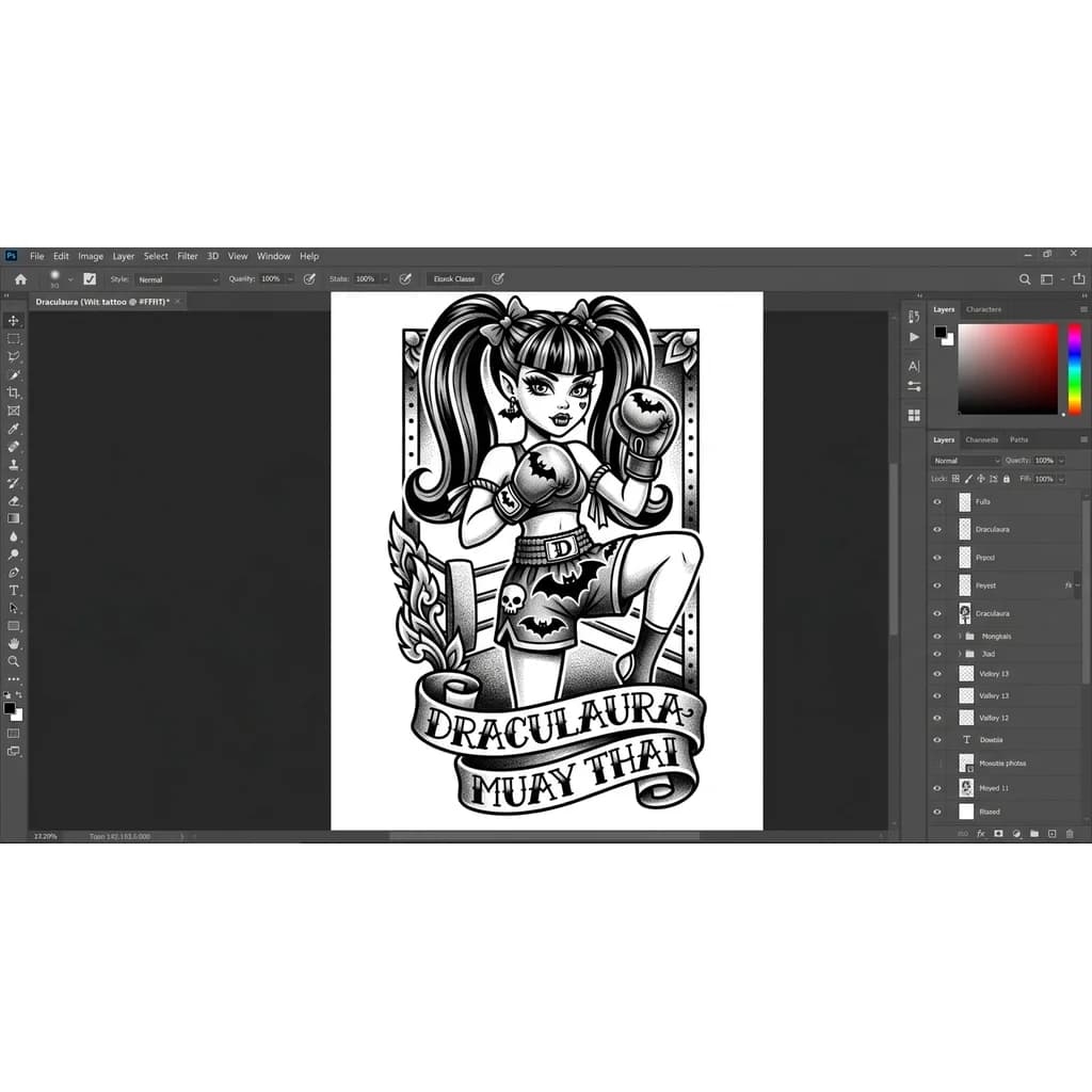 puedes crear un tatuaje de las monsther high y Muay Thai  menos animado pero de Draculaura 

