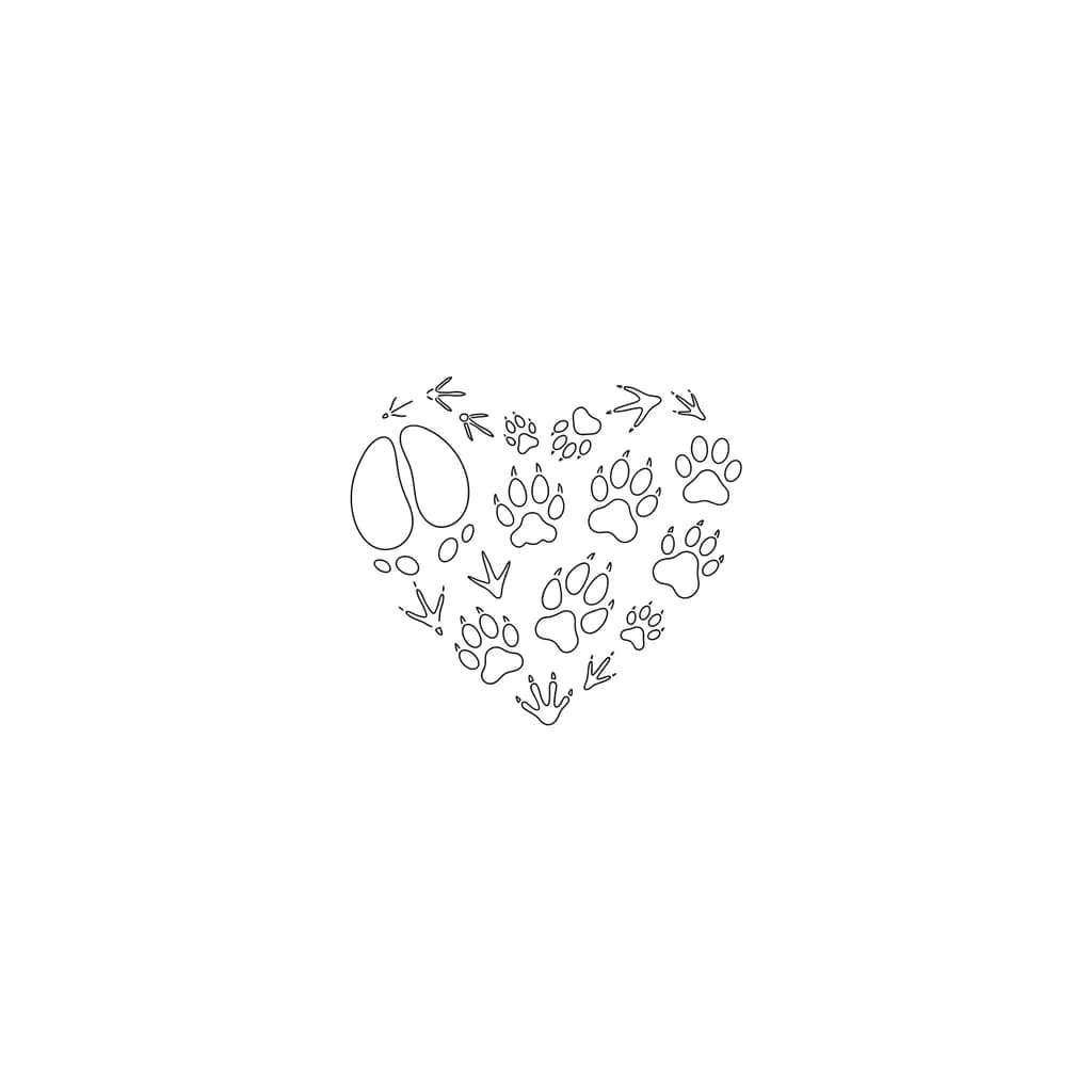 “tatuaje minimalista de huellas de varios animales formando un corazón, fine line, estilo delicado, blanco y negro, todas las huellas formando un corazón, huellas de elefante, perro, gato, tortuga, y de más  
