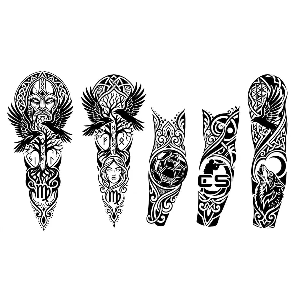 Odin, cuervos, runas vikingas junta al arbol, signo virgo con la cara de una mujer, pelota de handball, logo de cs, lobo y una luna