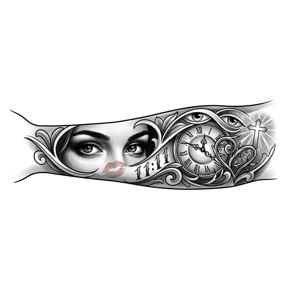 Dibuja en un antebrazo de un hombre un tatuaje que incluya lo siguiente 

Ojos de una mujer  realisticos solo la franja de los ojos hasta las cejas 

Un beso de ella 

11:11

Algo que simbólico que siempre la e amado 

Un reloj 

Algo que simbolise que Dios nos cuida como pareja