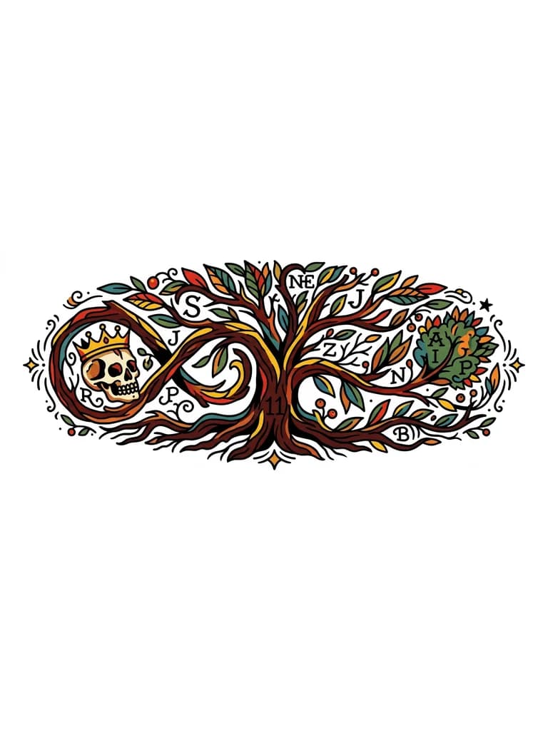 Tatuaje en el antebrazo de arbol de la vida.
Donde hayan letras escondidas (J,S,RP,R,IZ,AIPP,N,E,NE,B) 
Numero 11 escondido
Infinito
La muerte
La vida 