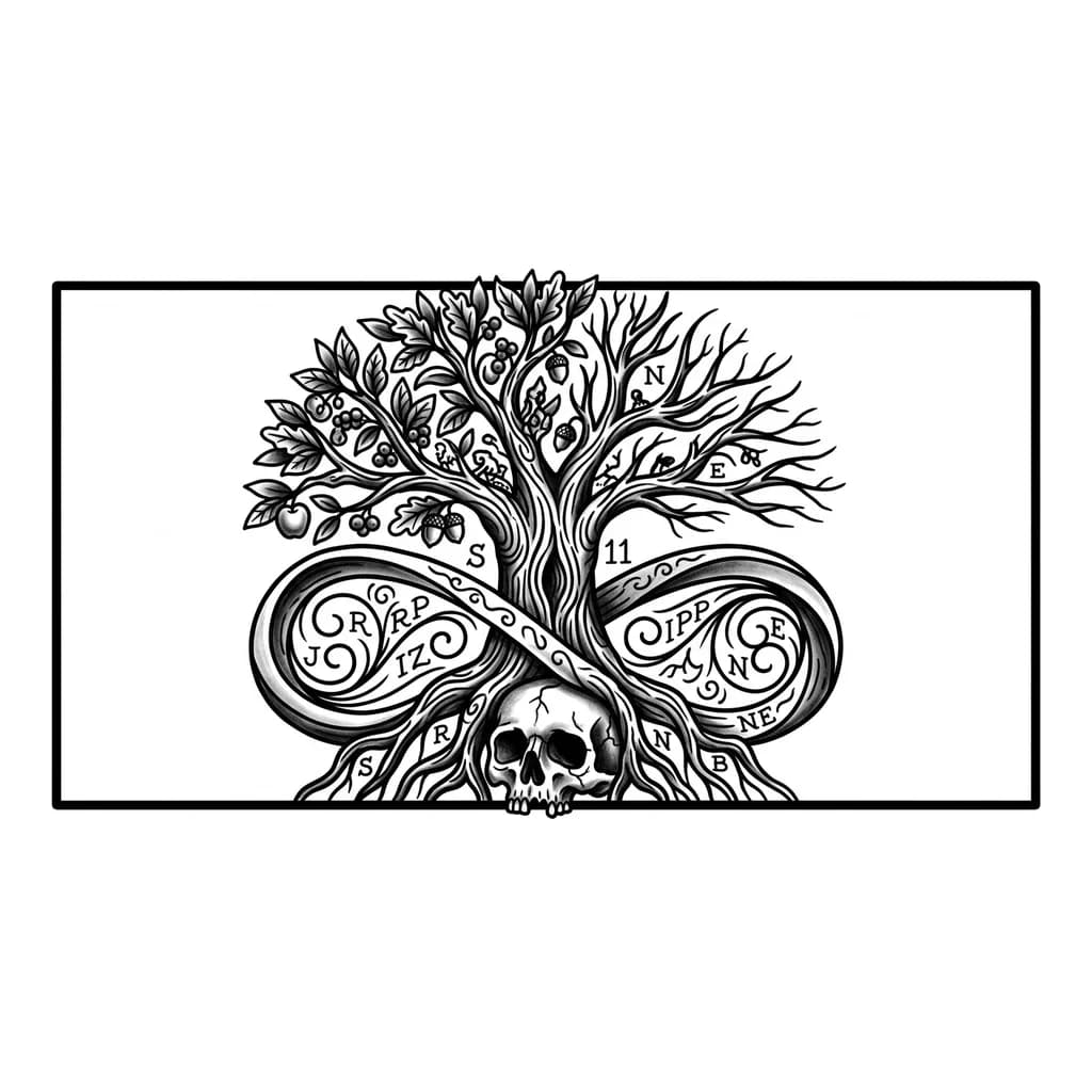 Tatuaje en el antebrazo de arbol de la vida
Donde hayan letras escondidas (J,S,RP,R,IZ,AIPP,N,E,NE,B) 
Numero 11 escondido
Infinito
La muerte
La vida 
