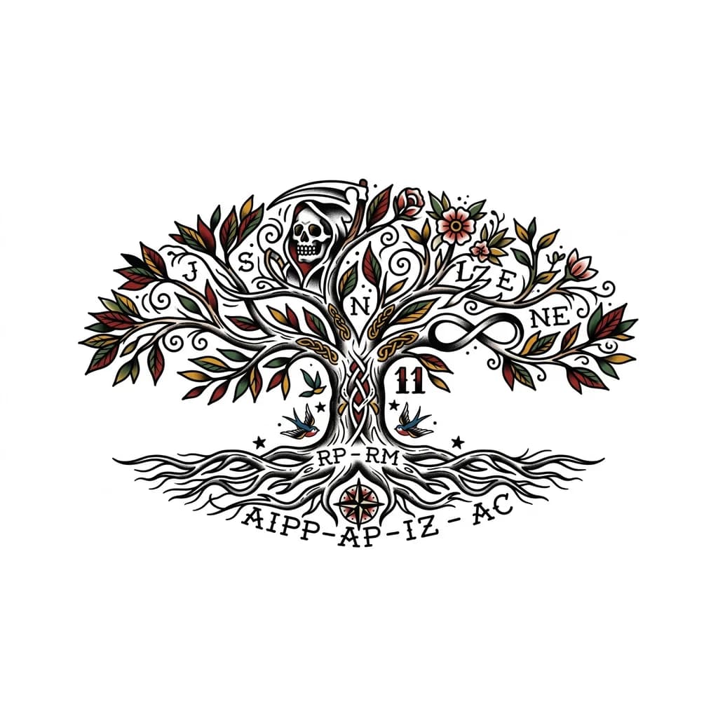 Tatuaje en el antebrazo arbol de la vida.
Donde hayan letras escondidas 
En el tallo RP - RM 
En la Parte superior 
(J,S,IZ,N,E,NE, y en las Raices ( AIPP-AP-IZ - AC )
Numero 11 escondido
simbolo Infinito
La muerte
La vida 
