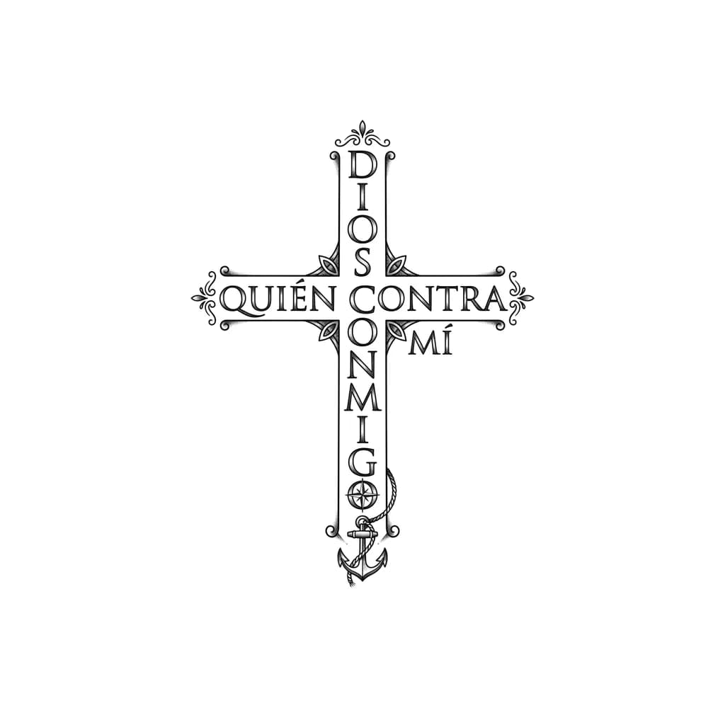 Тату эскиз: in vertical layout on calf phrase Dios conmigo quien contra mí classic Roman serif font Trajan style combined with old book serif lettering elegant and refined not heavy gothic DIOS CONMIGO vertically aligned QUIÉN CONTRA MÍ horizontally crossing at the letter N in the center shared letter intersection symmetrical composition thin to medium black ink lines subtle shadows small ornamental flourishes inspired by ancient manuscripts minimal decorative elements clean spacing timeless biblical style