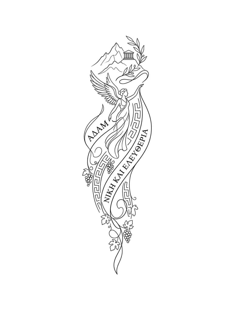 Eres un tatuador especialista en Lina fina y cultura griega. Te piden hacer un diseño de unos tatuajes ya hechos, que complementan la idea y buscan la estética. El cliente tiene una tatuaje en el oblicuo de Adán matando al demonio y el el costado derecho en las costillas el lettering de 15 words. Deja el abdomen y pecho libre con la menor cantidad de tatuajes en esa zona, que sean minimalistas lo más posible, usando lettering y diseños griegos, procura ocupar únicamente los laterales del dorso