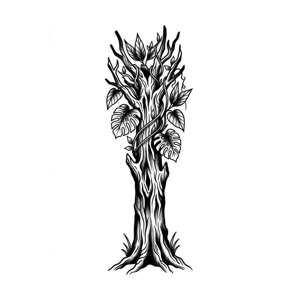 Realistic black and grey whip shading tattoo, vertical composition.
A strong Misiones jungle tree (Araucaria or Lapacho), thick trunk from ankle upward.
Minimal roots only at ankle, trunk flowing up back of leg, glute to mid-back.
Include monstera (costilla de Adán), guembe, and subtle vines.
Symbolism: strength, self-support, grounding.
Highly detailed bark, realistic shadows, flow following anatomy.
Back view, tattoo only on posterior side.