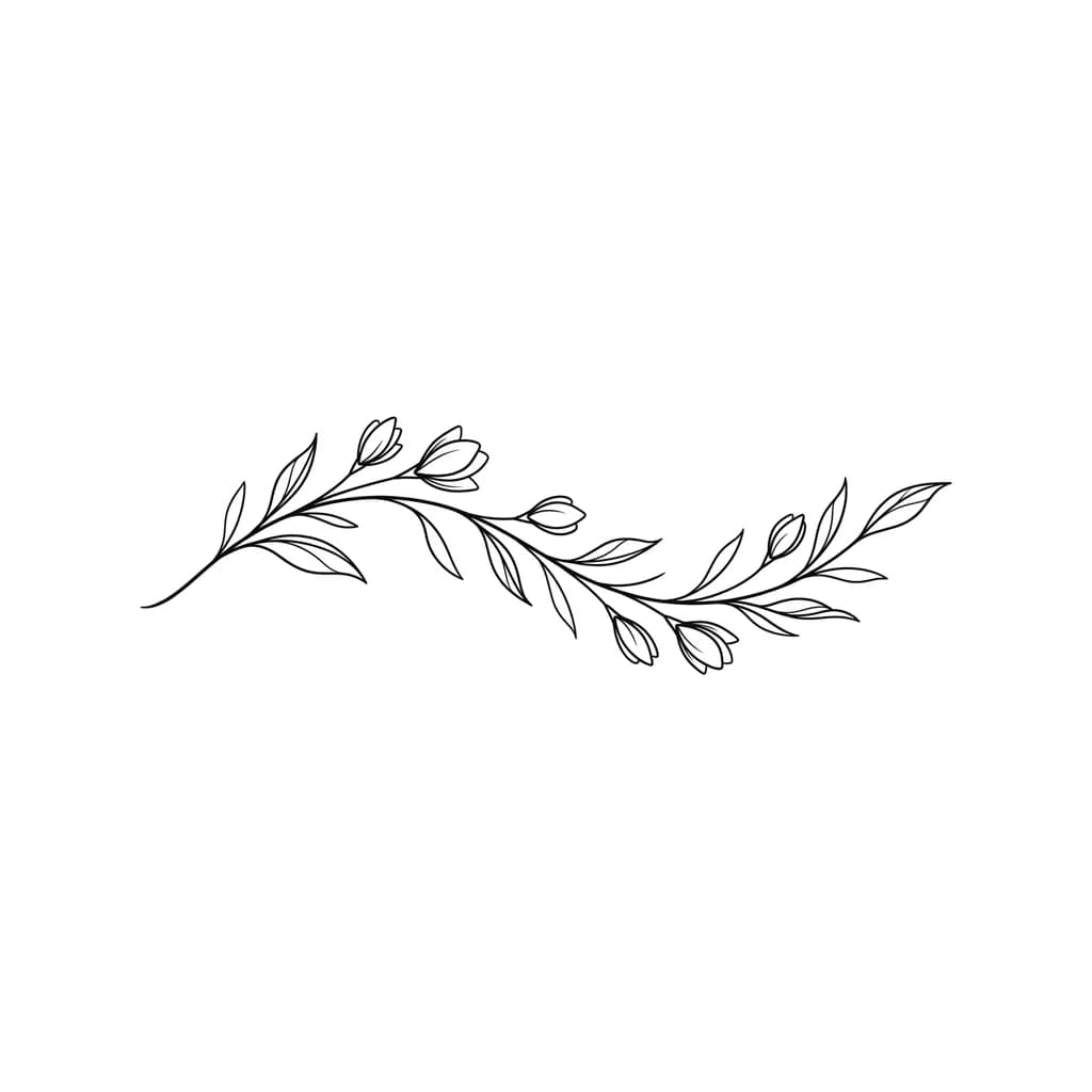 minimalist fine line botanical tattoo, thin elegant branch with leaves, flowing naturally from wrist to hand and fingers, clean simple lines, no shading, masculine, modern tattoo design, organic flow following hand shape
