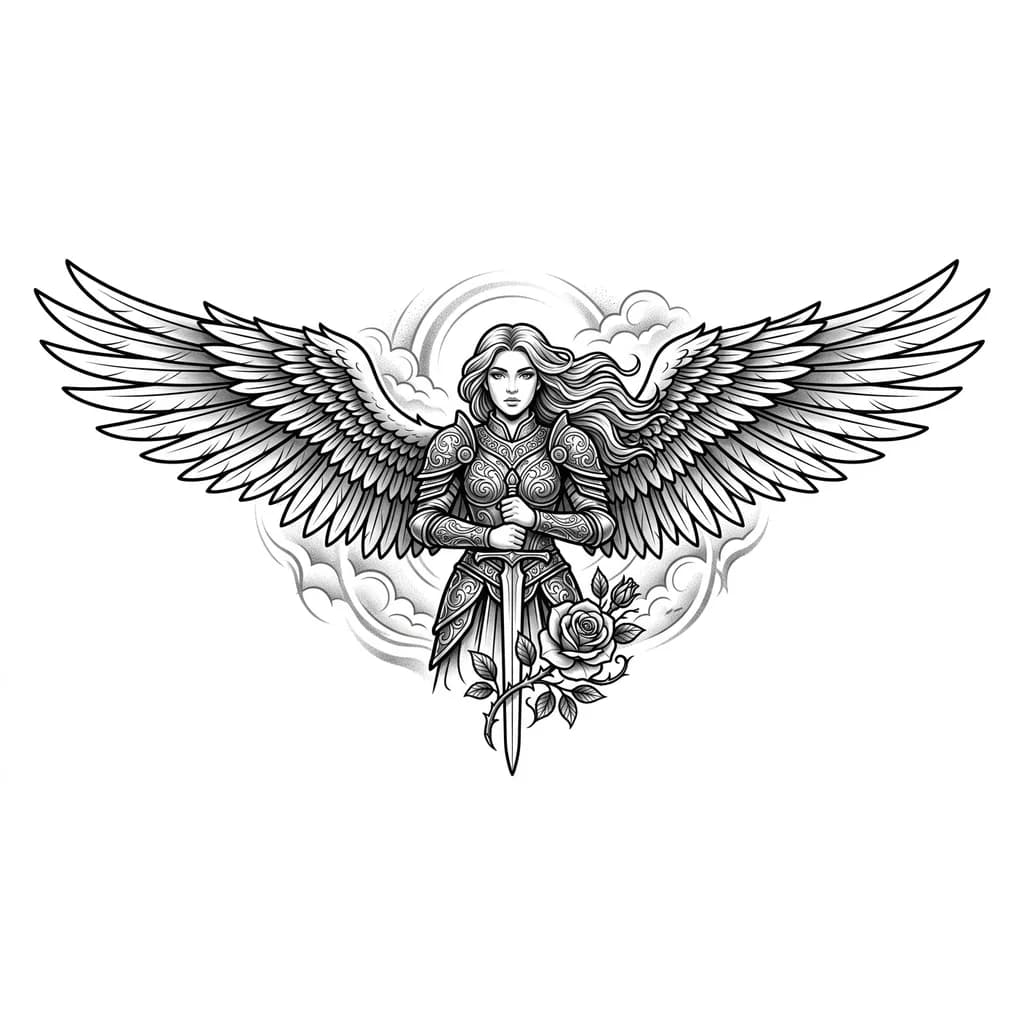 Ángel femenino poderoso, inspirado en el Arcángel Miguel, con armadura elegante (sin desnudos), alas grandes y detalladas extendidas. El ángel sostiene una espada larga apuntando hacia abajo en posición de protección o victoria Expresión serena pero fuerte. Cabello largo y fluido movido por el viento. Añadir una rosa detallada integrada en la composición (puede estar en la mano, enredada en la espada o en la base del diseño)
Fondo con nubes suaves y atmósfera celestial, con iluminación dramática