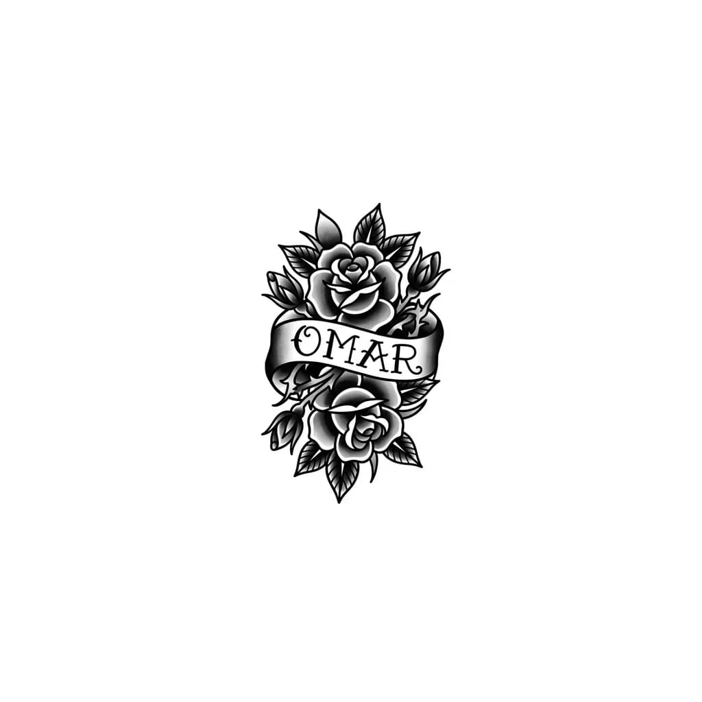 Tatuajes con nombre para el dedo anular con el nombre Omar y unos detalles de rosas 