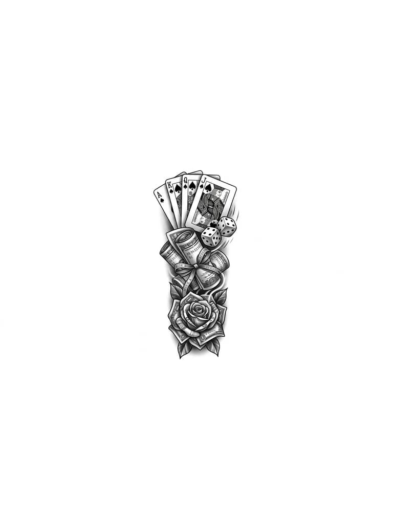 Tatuaje en estilo black & grey con sombreado realista. Arriba aparecen cartas de póker A, K, Q y J de picas, acompañadas de dos dados, simbolizando el juego y la suerte. En el centro hay billetes de dinero enrollados y doblados. Abajo destaca una rosa formada con un billete de dólar. El diseño es vertical y representa azar, riesgo, ambición y dinero.