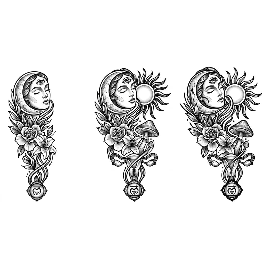 Quiero en hombro y ante brazo.   quiero algo bien femenino delicado.
Me gustaría que tengo algunas flores, la luna, el sol , un hongo fungi de Psilocibina, chakra raíz y tercer ojo, ovarios de mujer. Quiero que el tatuaje represente la idea de que en la vida siempre somos resilientes, que somos una unidad y que todo está conectada con todo . Que somos energía 