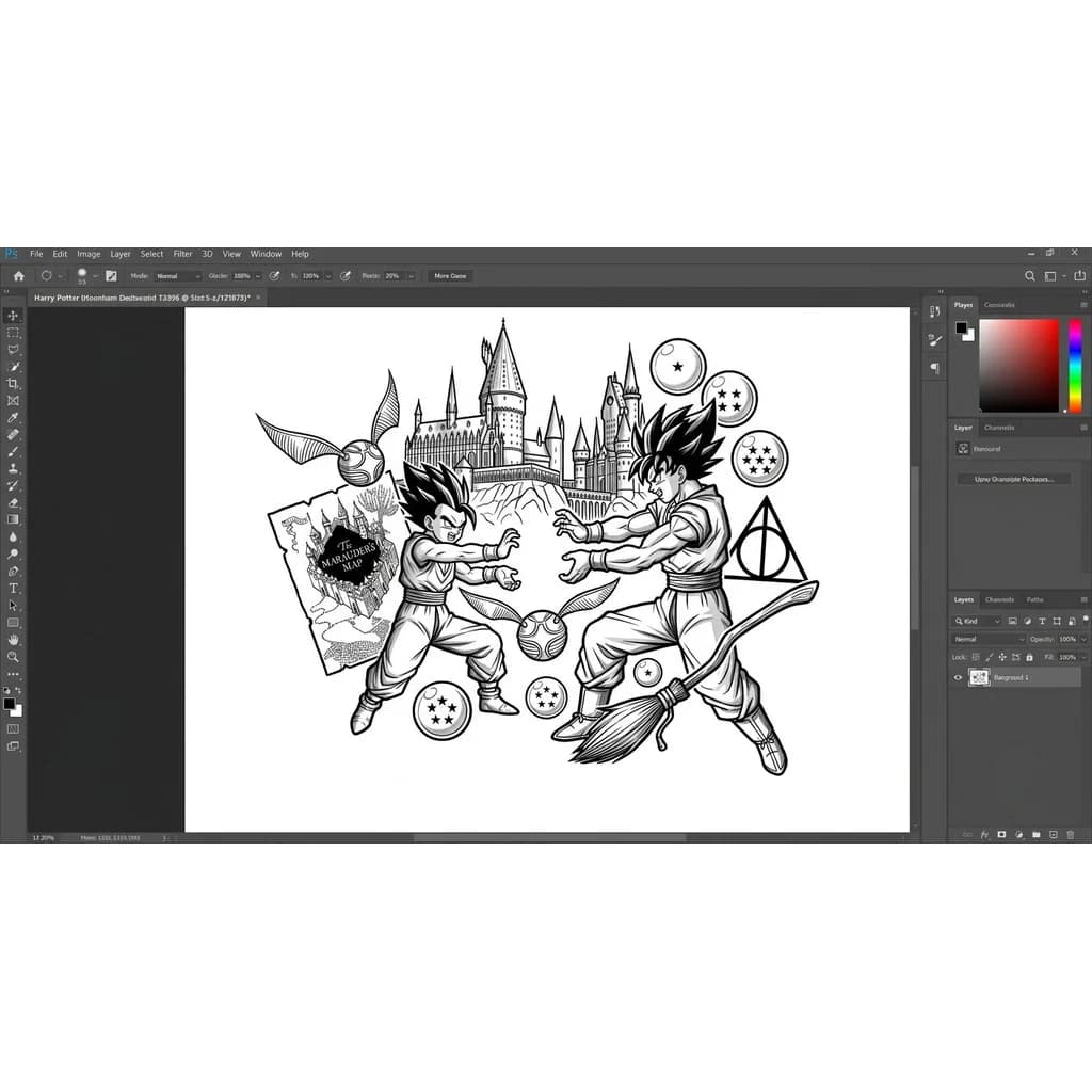Quiero hacer el diseño de un tatuaje para el brazo en el que mezcle dos cosas que me gustan 
Una de ellas harry potter y otra de ellas dragon ball
Quisiera que tuviera por ejemplo el
Castillo de howards, la snich dorada,el mapa del merodeador, las reliquias de la muerte, la saeta de fuego, las bolas del dragon shenglong, quizas a gohan y goku en el hame hame ha padre e hijo y estoy abierto a mas ideas