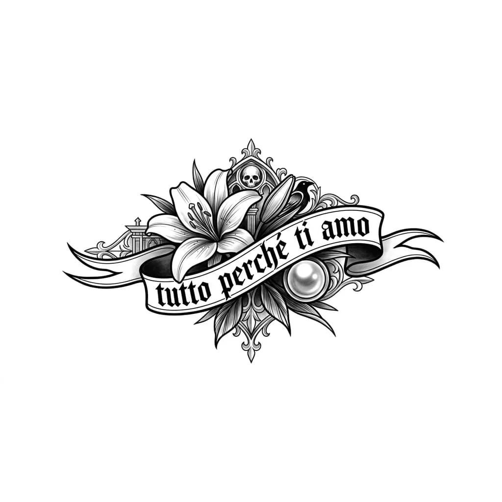 faça uma tatuagem com o desenho de uma flor de lírio e uma pérola  e uma escrita "tutto perché ti amo"