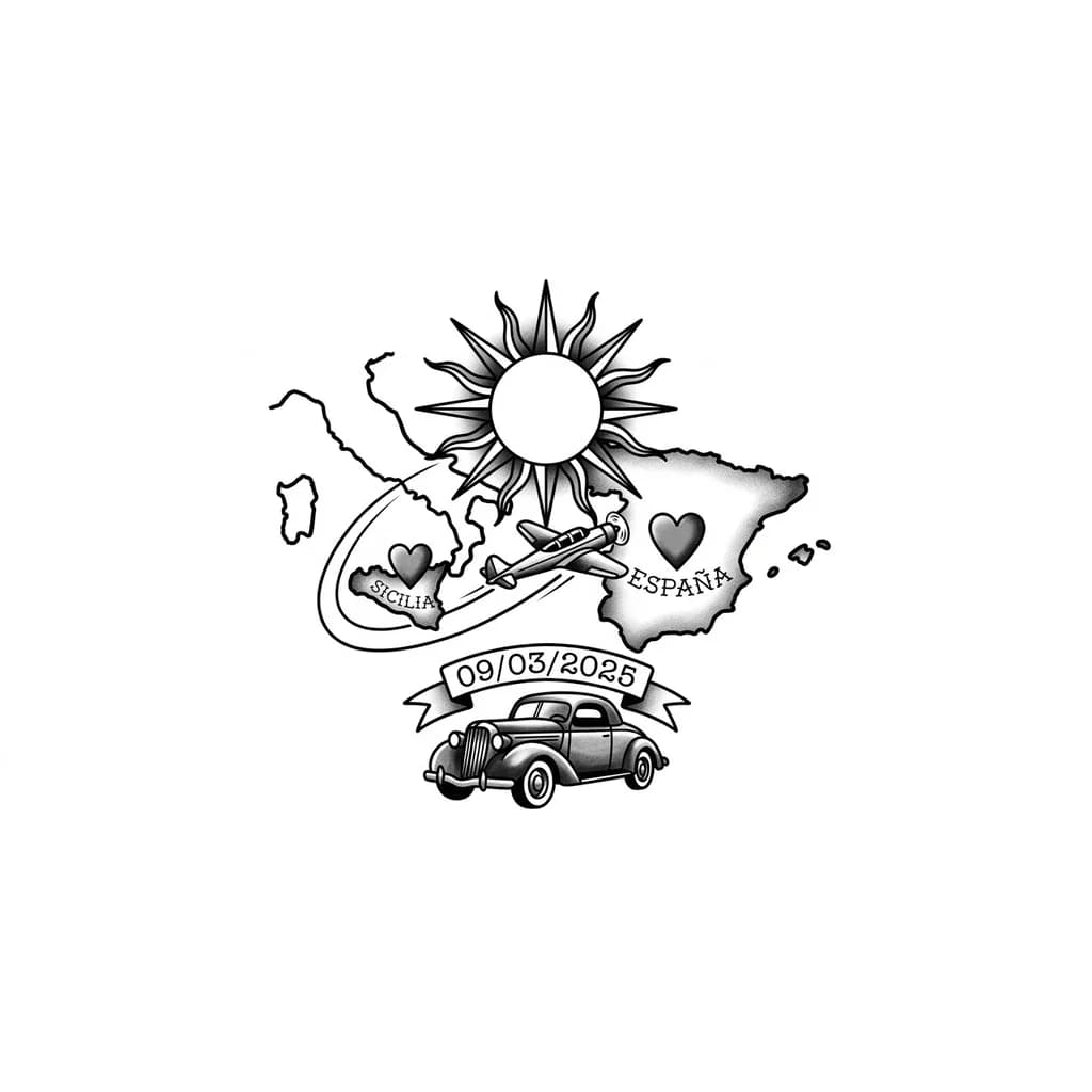 Quiero un tatuaje que representa mi mudancia en España el 09/03/2025 con un avión qie va desde Sicilia a España y con dos corazones uno en Sicilia y uno en España y un sol qie ilumina todo y abajo algo que representa mi pasión ósea los coches