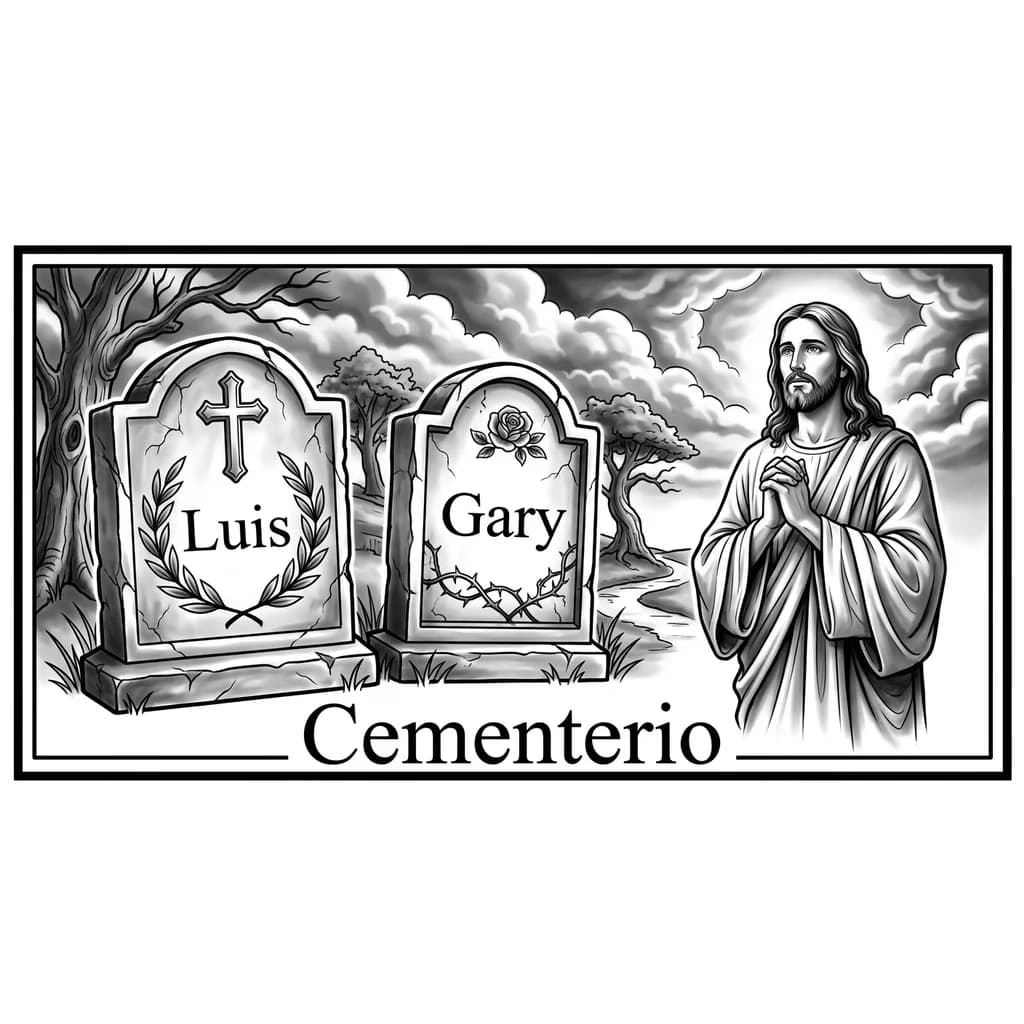 Cementerio con 2 tumbas o 2 cruces con el nombre de Luis y Gary hecho en la pierna con Jesús al lado y nubes 
