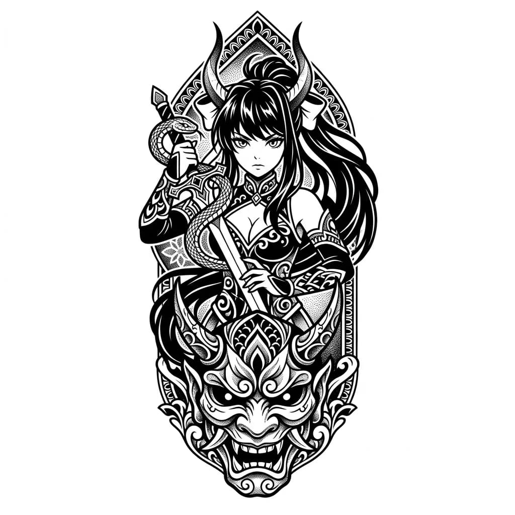 tatuaje manga blackwork de chica demonio con cuernos (monika doki Doki), sosteniendo una espada con una serpiente enrollada, máscara oni en la parte inferior, composición vertical, alto contraste, sombreado detallado, estilo dark anime” 