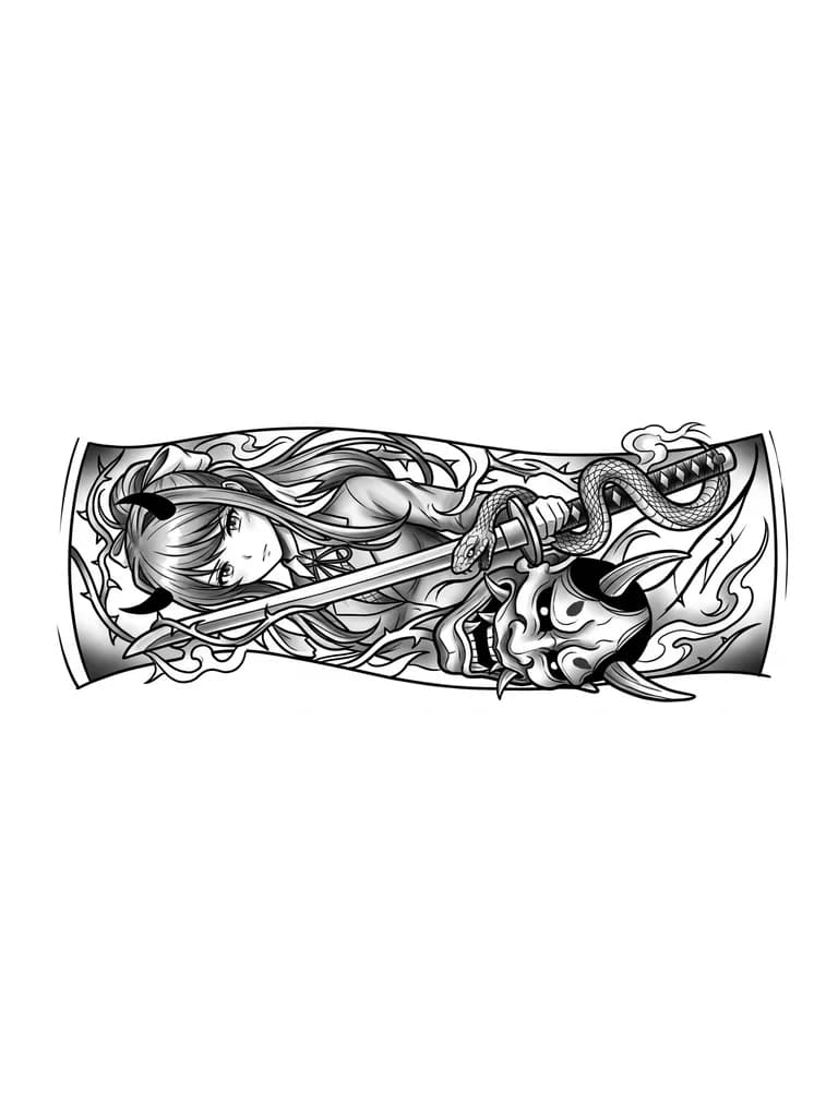 tatuaje manga blackwork de chica demonio con cuernos (monika doki Doki), sosteniendo una espada con una serpiente enrollada, máscara oni en la parte inferior, composición vertical, alto contraste, sombreado detallado, estilo dark anime” 