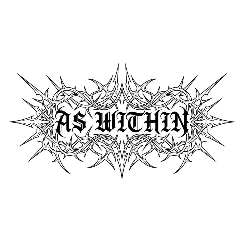 "As within", black metal tattoo lettering, highly detailed, sharp spikes and thorn-like extensions, symmetrical composition, dark gothic style, inspired by extreme metal band logos, BUT readable text, clear letter structure, balanced spacing between letters, semi-legible metal typography, controlled chaos, not overly distorted, high contrast black ink, clean tattoo stencil, vector style, centered, white background, no shading, no color