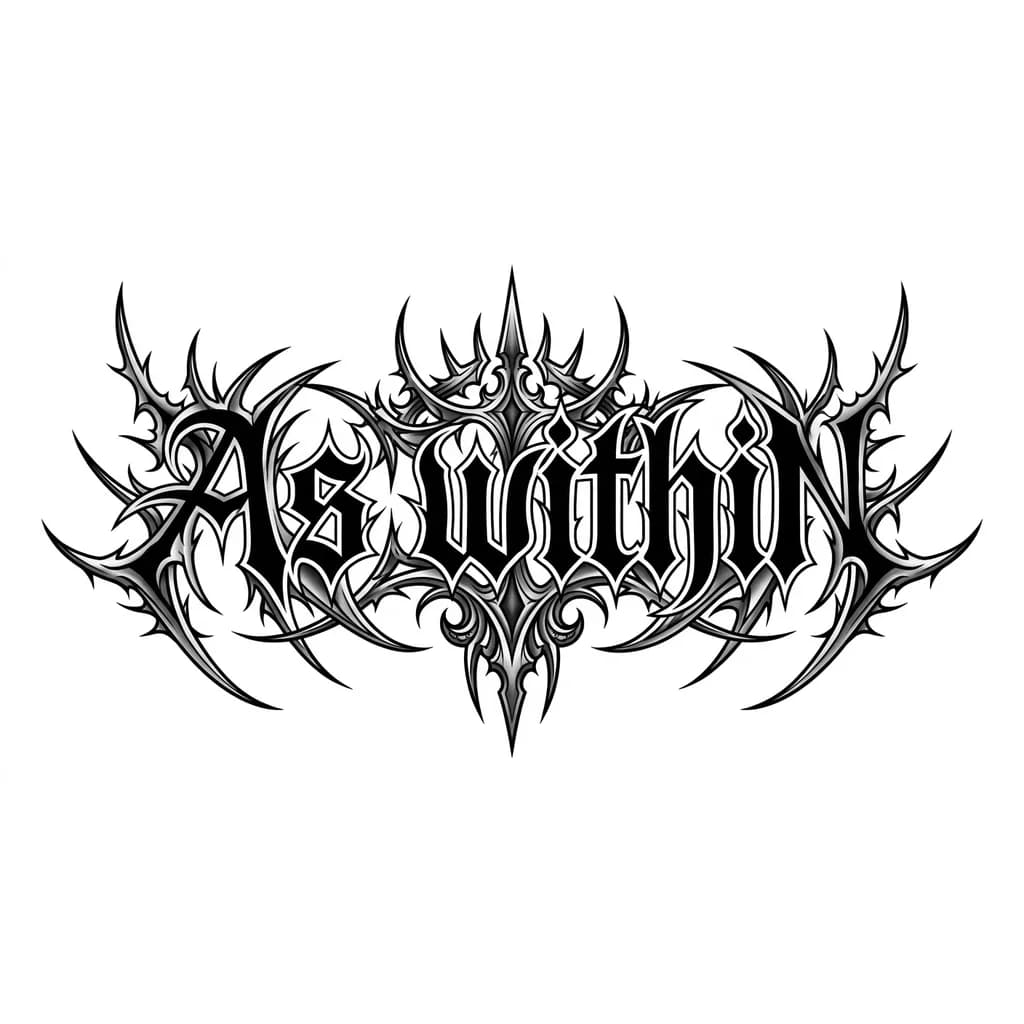 "As within", black metal tattoo lettering, highly detailed, sharp spikes and thorn-like extensions, symmetrical composition, dark gothic style, inspired by extreme metal band logos, BUT readable text, clear letter structure, balanced spacing between letters, semi-legible metal typography, controlled chaos, not overly distorted, high contrast black ink, clean tattoo stencil, vector style, centered, white background, no shading, no color