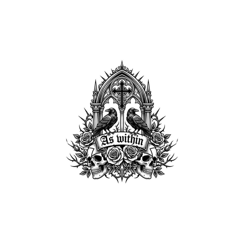 "As within", black metal tattoo lettering, highly detailed, sharp spikes and thorn-like extensions, symmetrical composition, dark gothic style, inspired by extreme metal band logos, BUT readable text, clear letter structure, balanced spacing between letters, semi-legible metal typography, controlled chaos, not overly distorted, high contrast black ink, clean tattoo stencil, vector style, centered, white background, no shading, no color