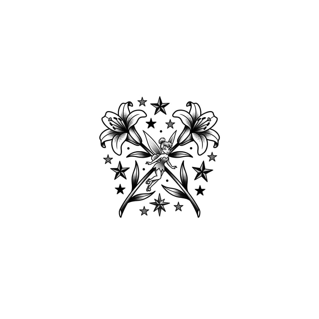 Quiero unas flores de lirios cruzadas en la espalda de una mujer, con una tinker Bell en el centro y varias estrellas a su alrededor 

