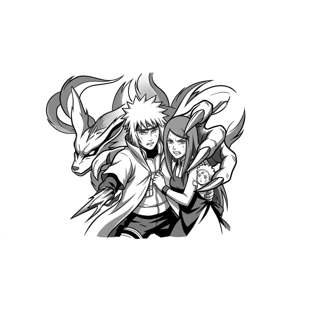 Ayudate de estas tres imagenes para hacer un boceto mucho mejor y que se asemeje al anime de naruto Pero naruto de bebe y kurama clava con su garra por la espalda a minato y kushina frente a minato estan pegado los dos cuanfo kurama los atviesa y el boceto en blanco y negro