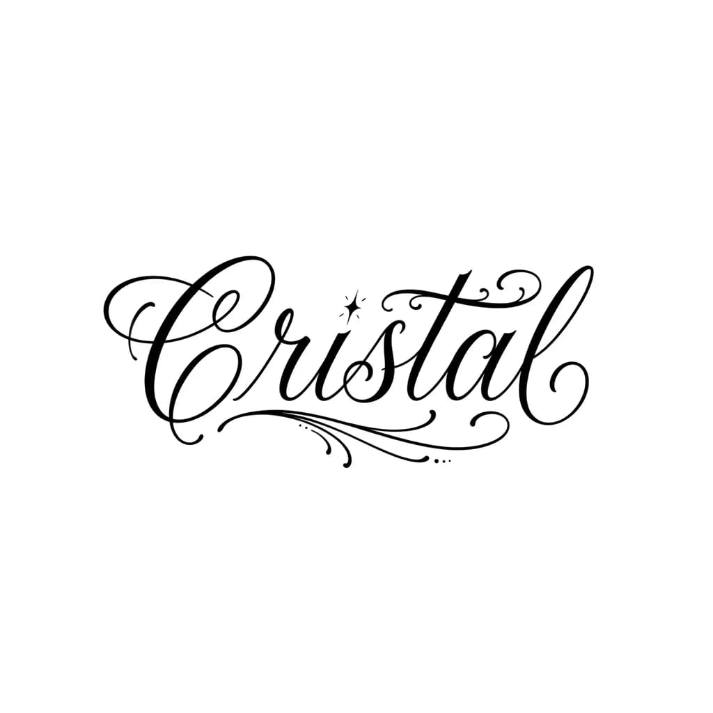 tattoo design of the word “Cristal” in elegant script lettering, fine line calligraphy style, smooth flowing curves, slightly italic handwritten script, feminine but strong aesthetic, high-end tattoo stencil design, subtle ink texture, black ink only, high contrast, clean edges, balanced composition, centered typography, professional tattoo artist style, minimal background, focus on readability and artistic flow