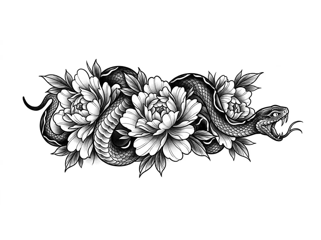 Quiero un cover Up estilo japonés en la muñeca del antebrazo tengo una llave de sol con ritmo Cardiaco en la muñeca y quiero taparlo completo, me gustaría una serpiente japonesa con peonias grandes, usando sombras para que no se vea nada y puede subir un poco el tatuaje mientras se vea fluido 