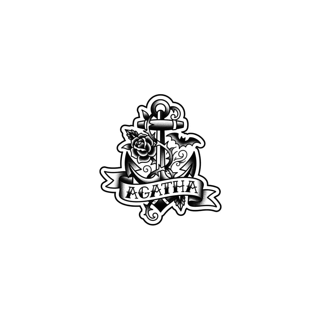 Quiero un tatuaje con temática góticas que contenga el nombre de agatha  para la muñeca 