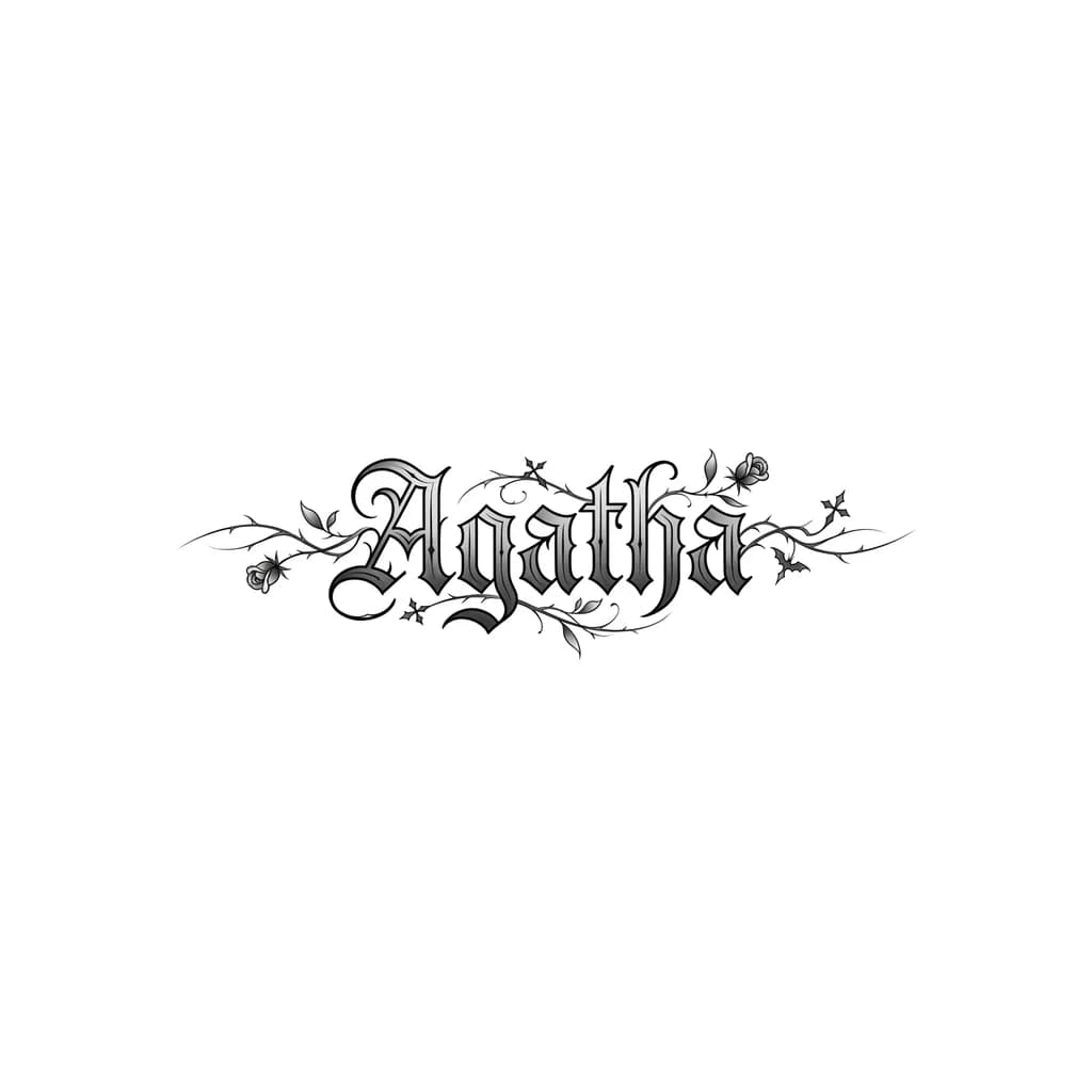 Quiero un tatuaje con temática góticas que contenga el nombre de agatha  para la muñeca 