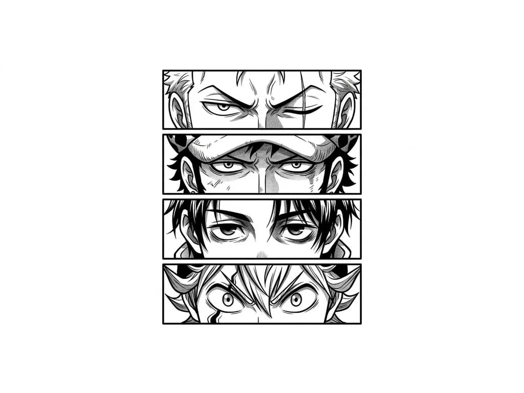 Haz una especie de 4 ventanas en forma rectangular y que dentro de cada ventana que aparezca en una los ojos de zoro de one piece en otra los de  trafalgar d water low de one piece, en otra los de yuta de jjk, y en la ultima los de asta de black clover