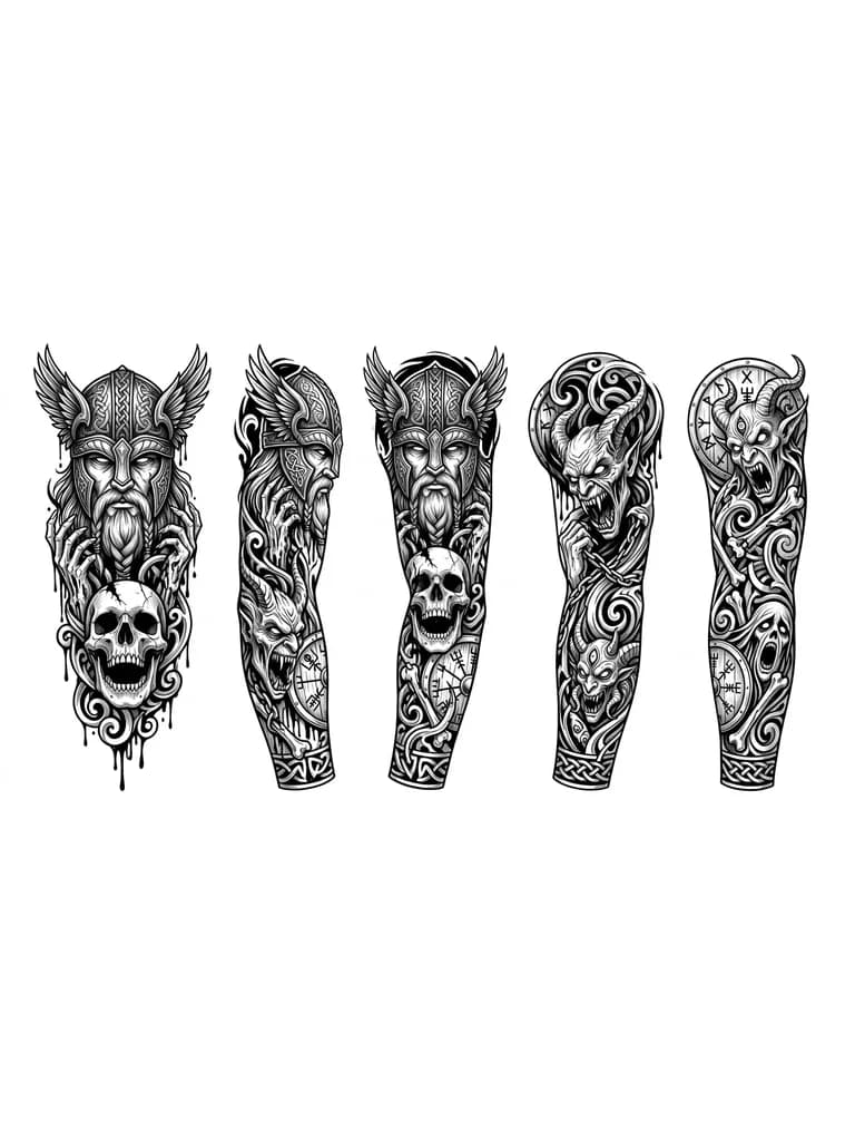 Tatuaje de manga completa en estilo realista black & grey, con un guerrero vikingo de expresión seria, barba larga y casco ornamentado con alas. Detalles metálicos y grabados nórdicos intrincados. Sostiene una reliquia tipo cráneo. Fondo con patrones nórdicos fluidos que rellenan el brazo. Iluminación dramática, alto contraste, sombreado suave y estilo hiperrealista.