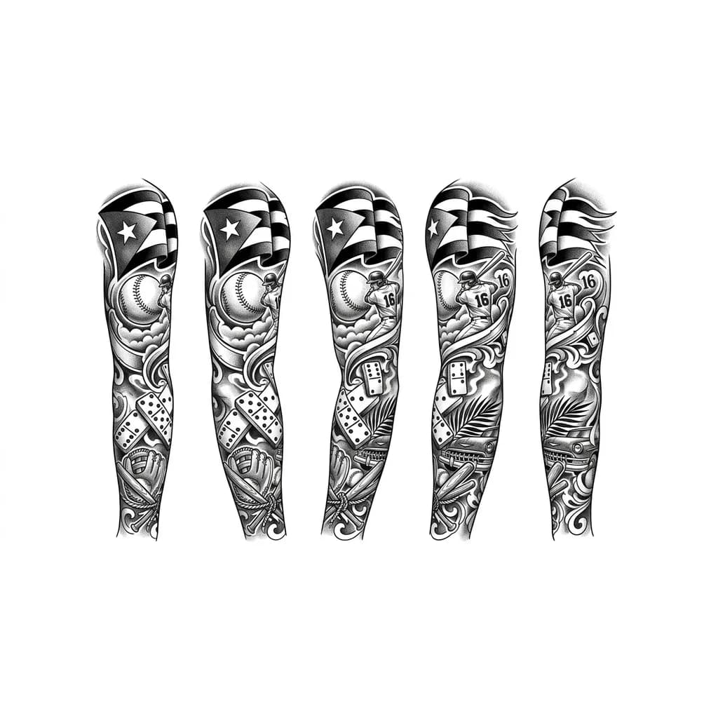 Un tatuaje de manga completa que lleve algo alusivo a béisbol, la bandera de cuba, el juego de domino y el número 16 