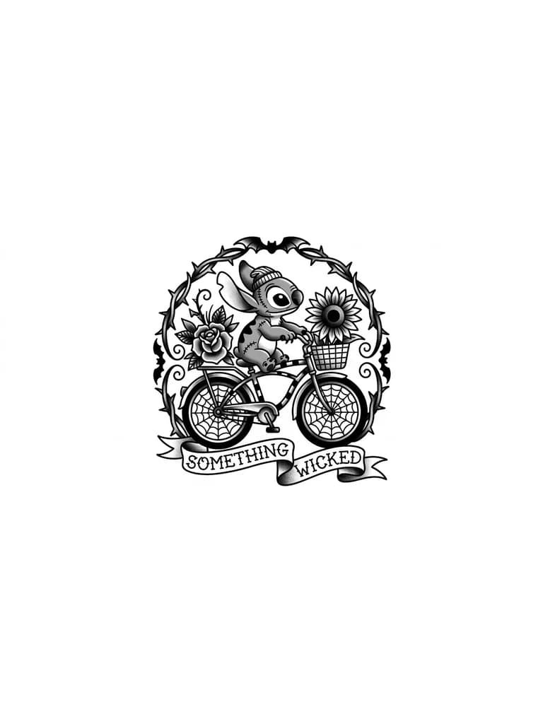 Crea dos diseños de tatuajes con las siguientes características: 1. Que sea del mundo de tim burton, combina las películas de el cadáver de la novia, el extraño mundo de Jack, frankenwinnie, bettlejuice y todas las demás 2. Crea un stitch con una bici y unas flores como un girasol y una rosa, ya sea que estás estén en una canastilla o las este sosteniendo stitch