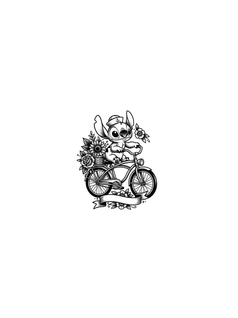  Crea un stitch que vaya en una bici y que tenga unas flores como un girasol y una rosa, ya sea que estás estén en una canastilla o las este sosteniendo stitch