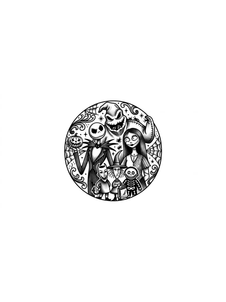 Crea diseño de tatuaje con las siguientes características: 1. Que sea del mundo de tim burton, de el extraño mundo de Jack, que sobre salgan Jack, Oogie Boggie, Sally y los niños de las mascaras