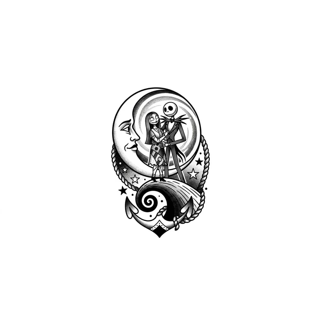 Crea un diseño de tatuaje con las siguientes características: 1. Que sea del mundo de tim burton, de el extraño mundo de Jack, que sobre salgan Jack y sally, como en la escena de la luna