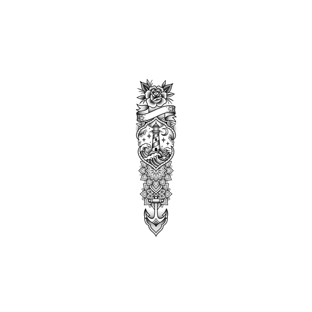 Mandala calf tattoo dot work and line work not too dark and it has to be long not a circle 
