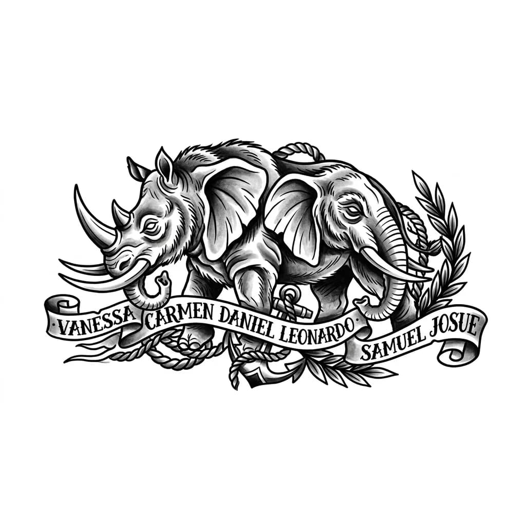 un tatoo para el brazo los nombes de 5 personas o iniciales y algo que represente mis hermanos mi madre y la familia
talves un par de animales que reprensenten la familia, me gustan los rinocerontes lobos y elefantes