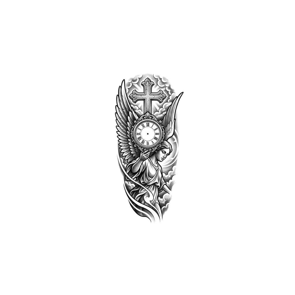 Quiero un tatuaje para mi antebrazo derecho de un ángel mirando hacia abajo con las alas medias abiertas sosteniendo un reloj sin aguja con una cruz con nubes o cielo de unos 25 centímetros el tatuaje que sea alargado