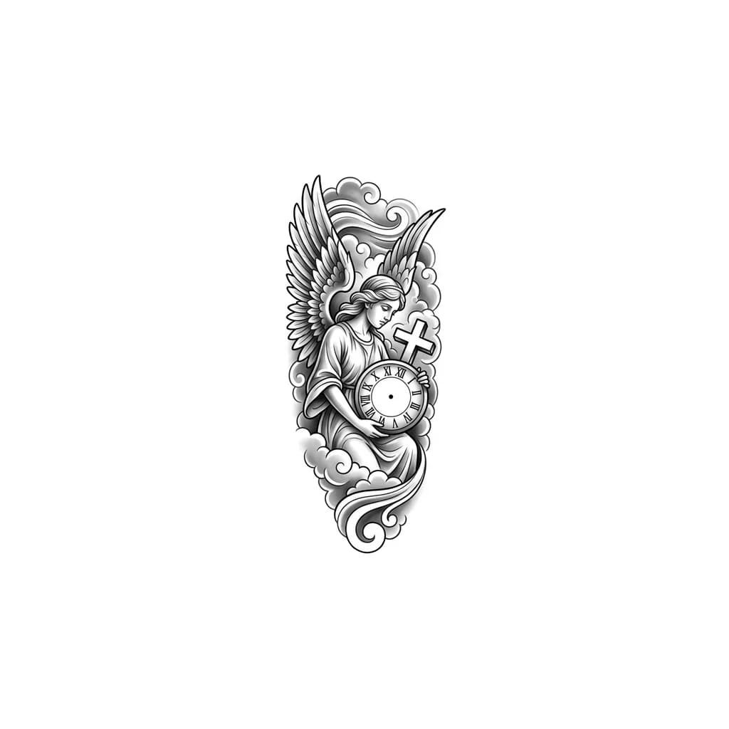 Quiero un tatuaje para mi antebrazo derecho de un ángel mirando hacia abajo con las alas medias abiertas sosteniendo un reloj sin aguja con una cruz con nubes o cielo de unos 25 centímetros el tatuaje que sea alargado