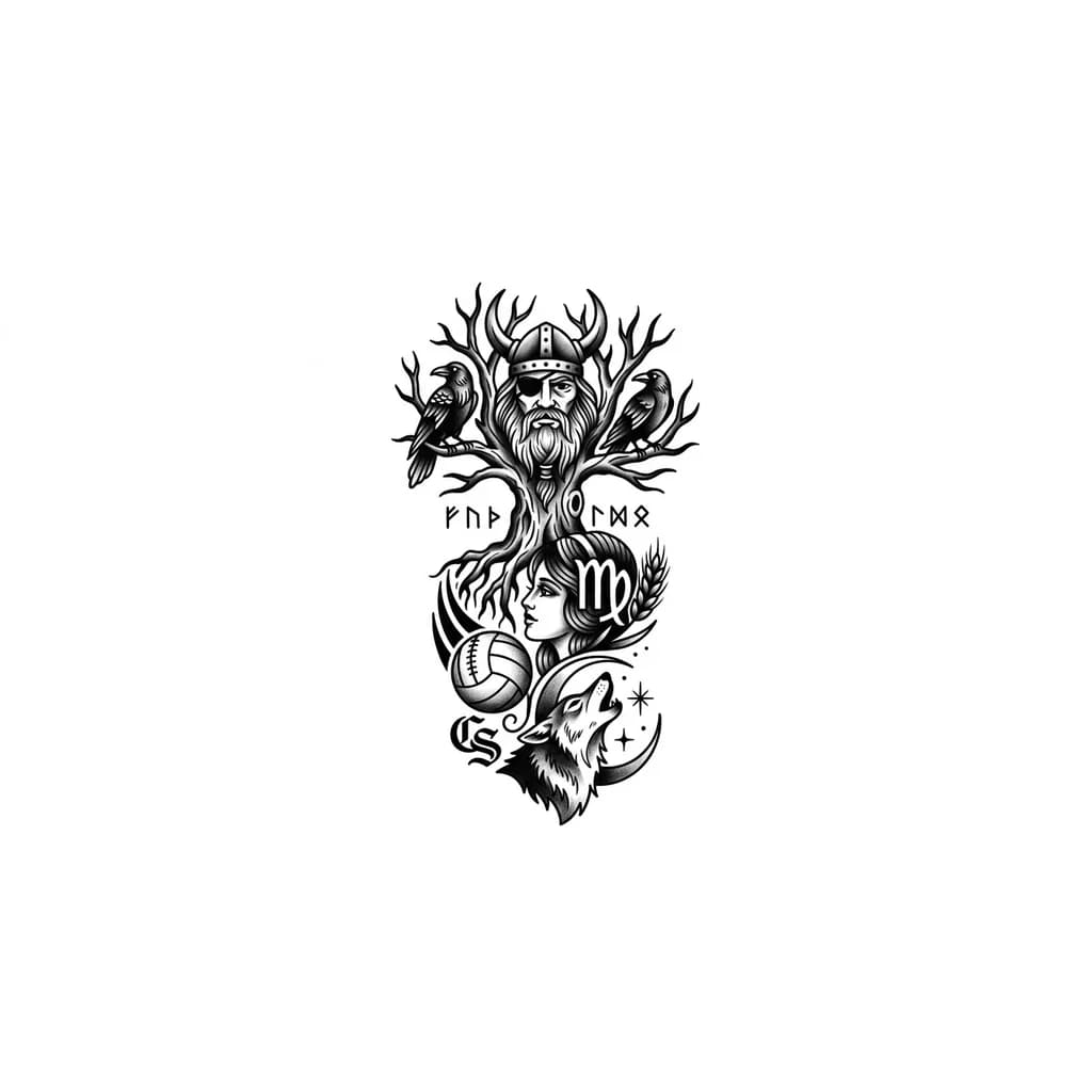 Odin, cuervos, runas vikingas junta al arbol, signo virgo con la cara de una mujer, pelota de handball, logo de cs, lobo y una luna