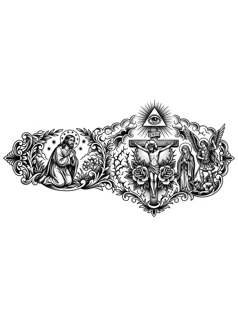 Тату эскиз: Quiero un tatuaje grande estilo realismo con sombras y detalles y que este relacionado con la religion catolica ejemplo: dios jesus, virgen maria, arcangel san Miguel, ultima…etc