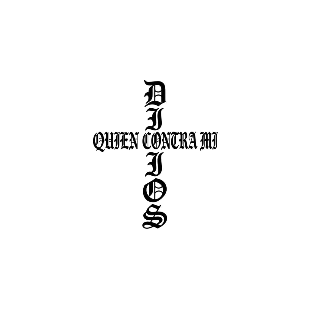 “tattoo vertical cross made of words DIOS vertical and QUIEN CONTRA MI horizontal, roman old font, gothic style, ancient bible engraving, black ink”