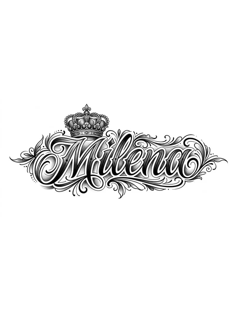 Tatuaje grande en el antebrazo con el nombre Milena, las letras en lettering, con sombras por todo lado y difuminado y una corona encima de la M