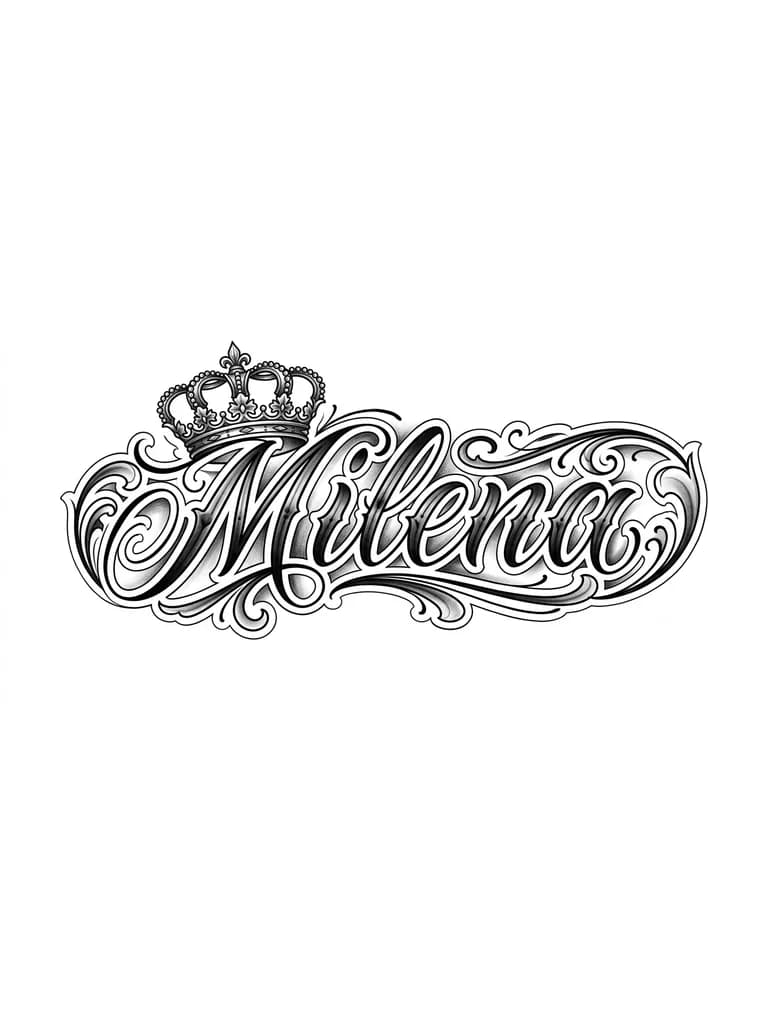 Tatuaje grande en el antebrazo con el nombre Milena, las letras en lettering, con sombras por todo lado y difuminado y una corona encima de la M