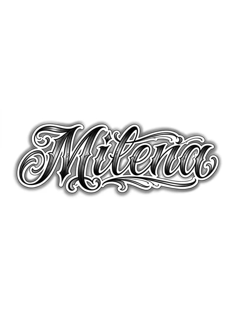 Tatuaje grande en el antebrazo con el nombre Milena, las letras en lettering, con sombras por todo lado y difuminado, la persona que se lo va ah tatuar es el hijo entonces has un diseño muy bacano