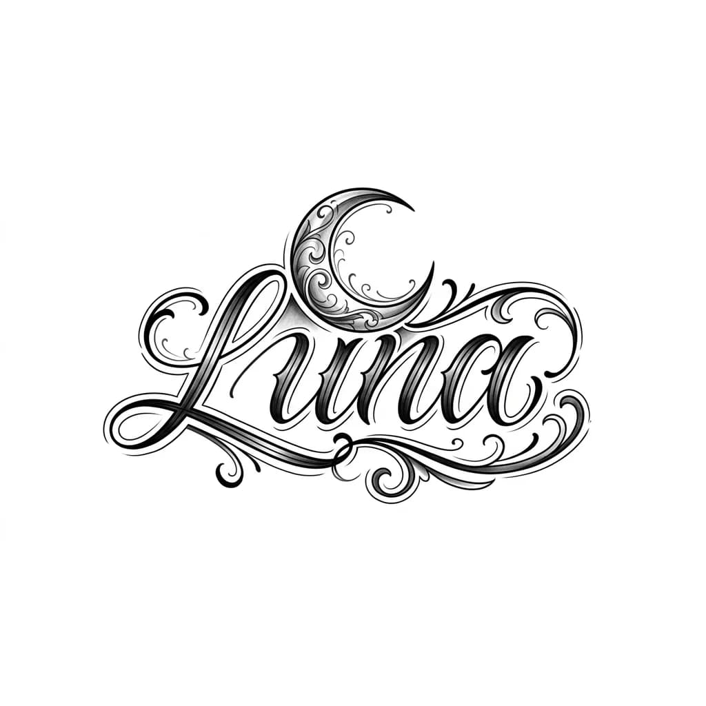Letering con el nombre, Luna con sombras y un logo de la luna