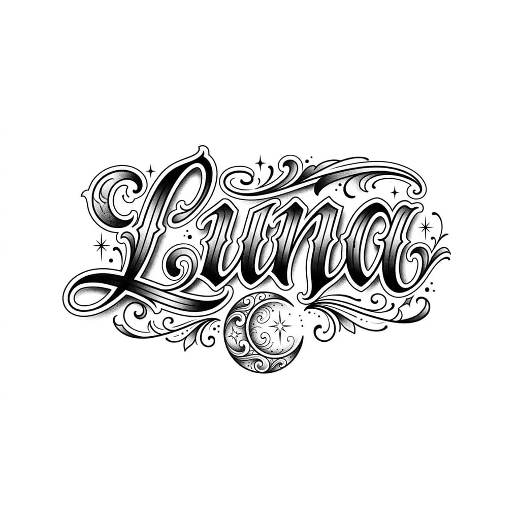 Letering con el nombre, Luna con sombras por todo lado y difuminado y un logo de la luna
